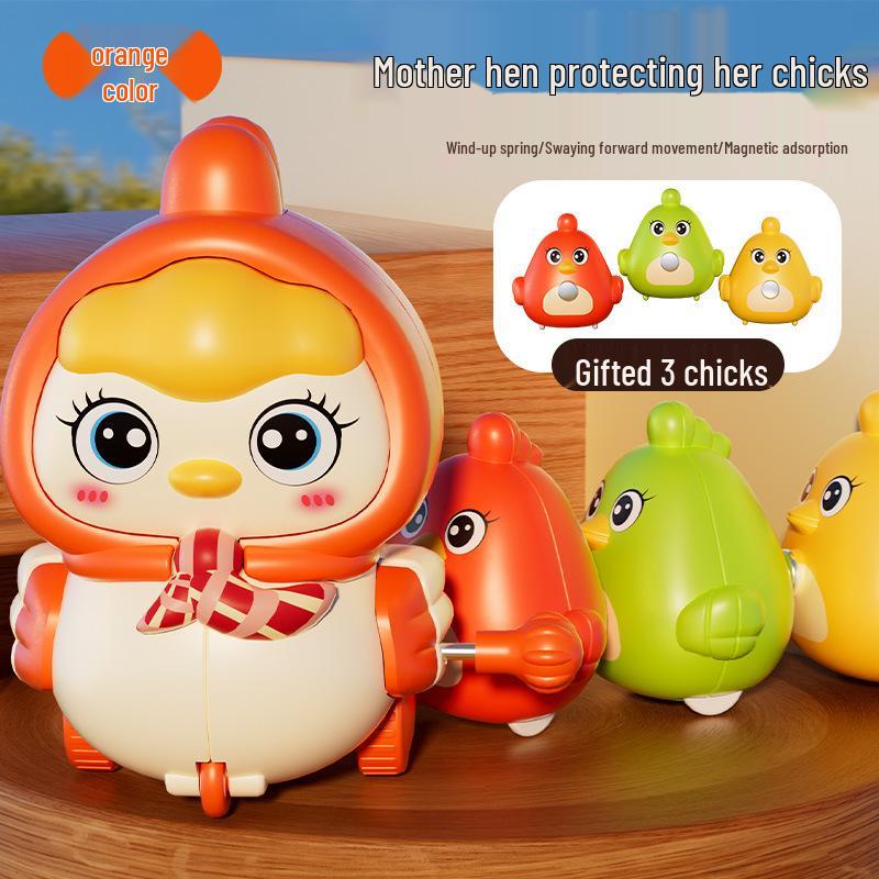 Wind-Up Magnetic Yellow Chick Mother with Chicks - Educational Crawling Toy for Early Childhood Development