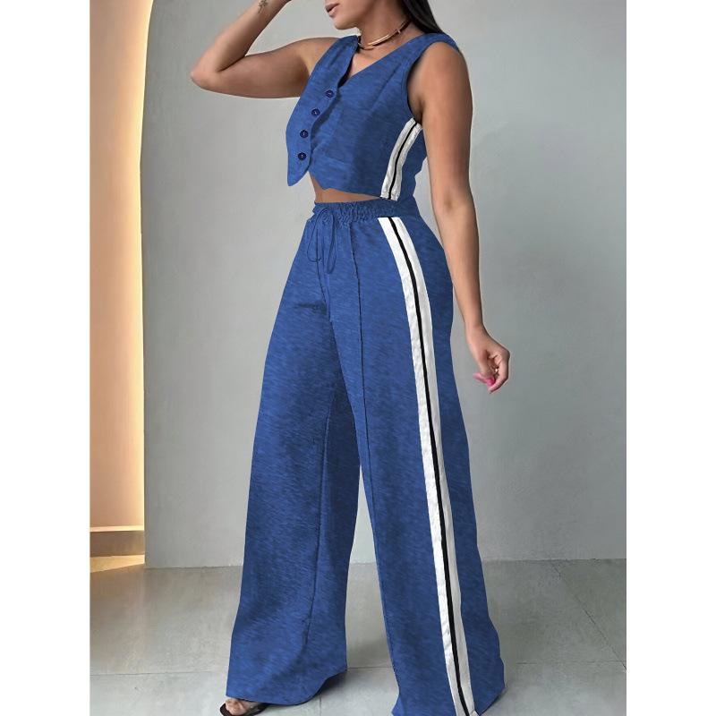 Women's Loose Fit Two Piece Set Sleeveless Crop Top Elastic Waist Wide Leg Pants Tracksuit