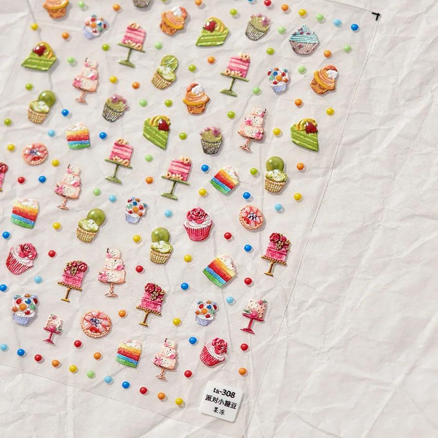 Cute Animals Bear Dog Cake Sweet Cherry Grid Bowknot Star Line Fruit Relief Self Adhesive Nail Art Stickers 5D Manicure Decals