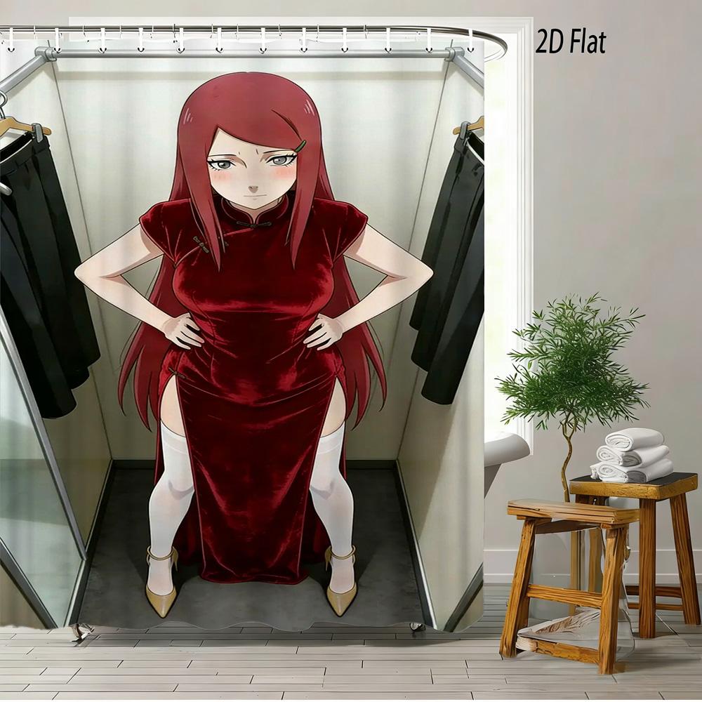 

2D Flat Anime Girl Light Blue Hair Red Cheongsam Floral Background Shower Curtain Waterproof Bathroom Decor W60H190(CM)-1 Pcs