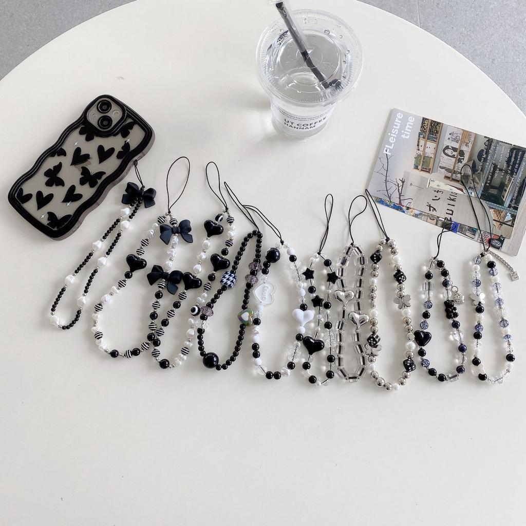 Mobile Phone Chain White Pearl Bow Ins Simple Wind Square Pendant Love Striped Bead Accessories, Mobile Phone Lanyard