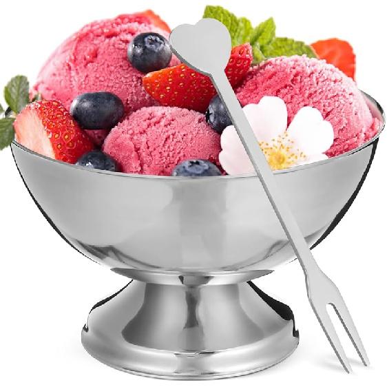 

PRETYZOOM Миска для мороженого из нержавеющей стали с вилкой, 10 см маленькая десертная миска на ножке, многофункциональное блюдо для подачи десертов для мороженого, йогурта, 10.7X10.7CM серебряный