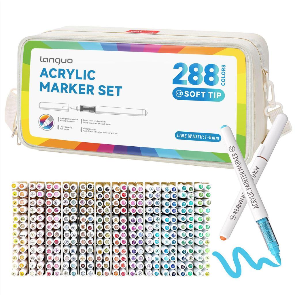 Lan Guo 288-Color Soft Tip Liquid Acrylic Markers Gift Box for Students & Children - Stackable Watercolor Pens