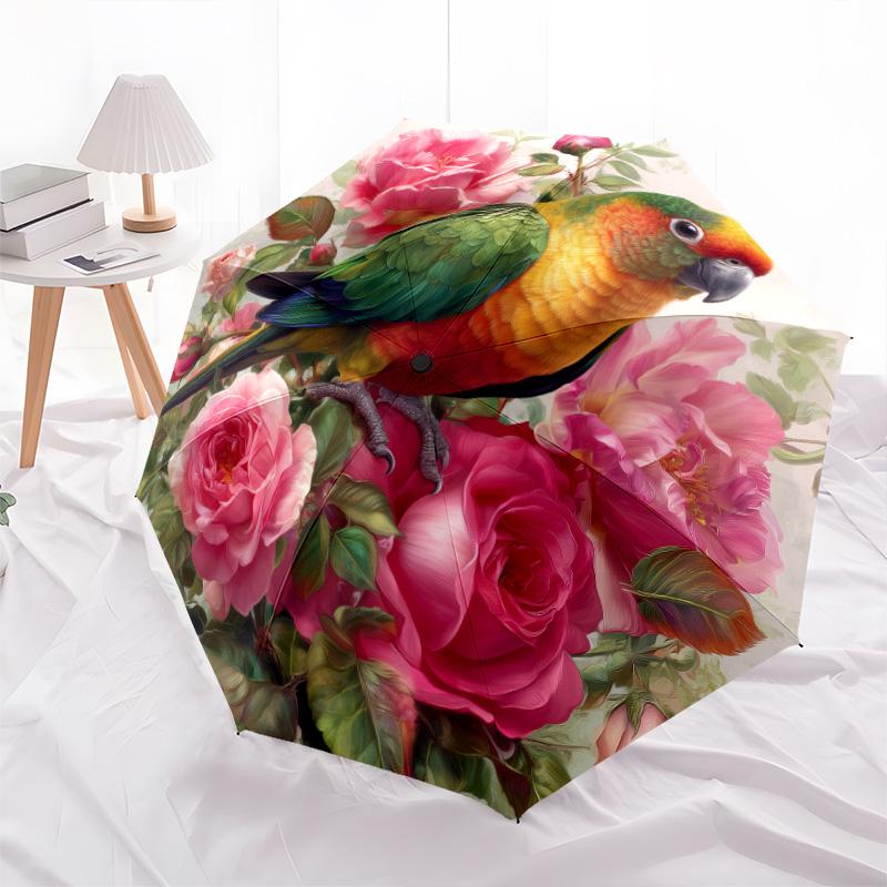 Flower Bird  Pattern, Automatic Folding Umbrella, Portable and Foldable Design, 8 Ribs, a Christmas or Birthday Gift.