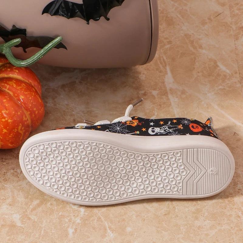 Loafers Women's Halloween Pumpkin Skull Graphic Print Lace-up Slip-On Flat Canvas plus size women shoes  zapatos de mujer