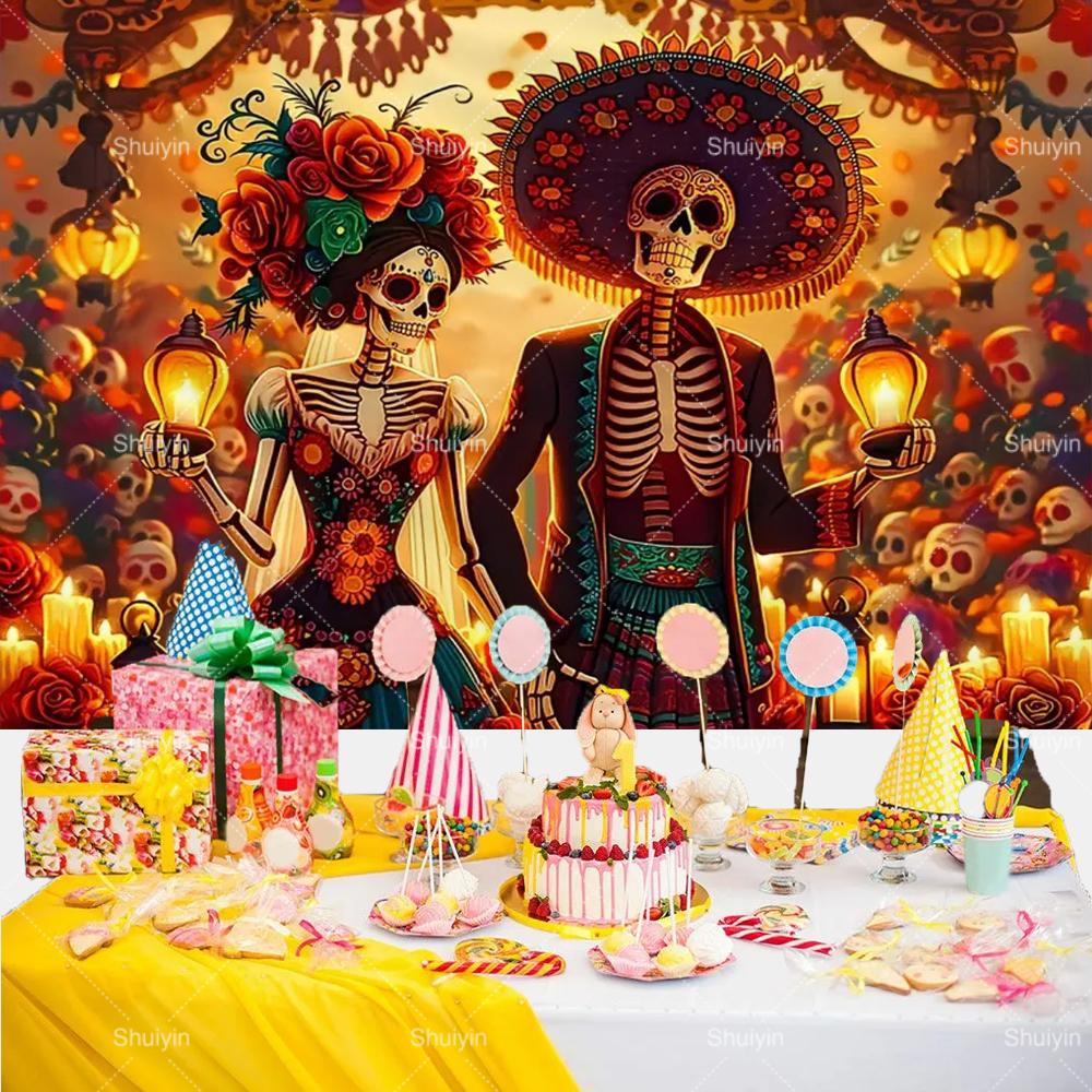 Tło Fotograficzne Dzień Zmarłych Czaszka Nagietek Meksykańska Fiesta Día De Los Muertos Dekoracja Artykuły Imprezowe Akcesoria do Studio Fotograficznego