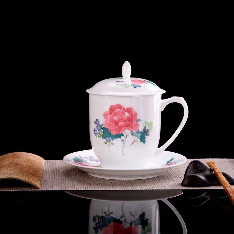 Jade Porcelain Hand-Painted Hibiscus, Liling Intangible Cultural Heritage Underglaze Multicolored National Porcelain Cup,710ml Lidded Mug