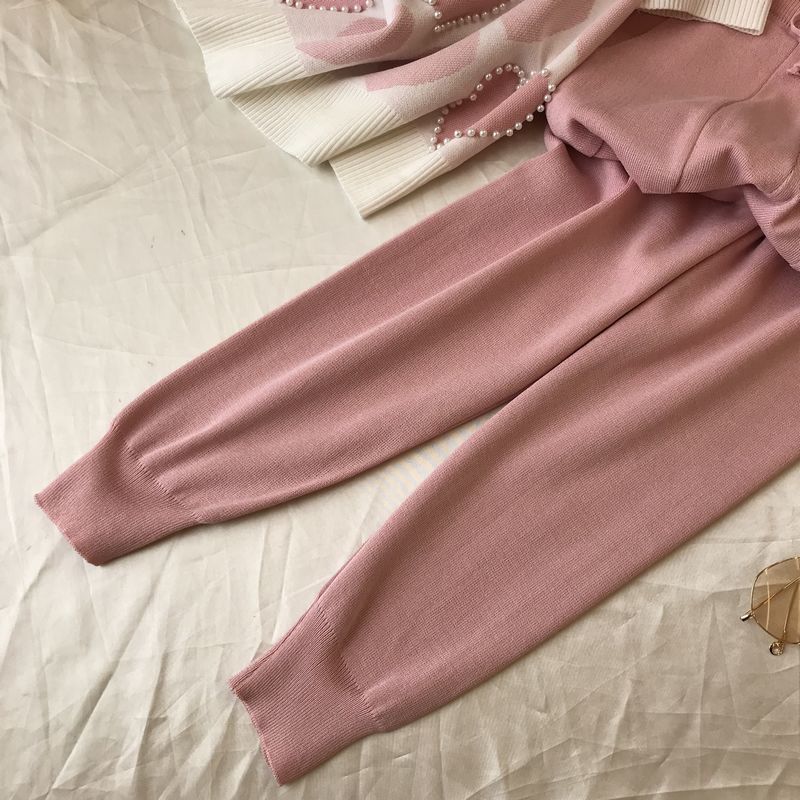 Faision Boncuklu Kalp Şekli Kısa Kollu Kazak + Elastik Bel Pantolon Kadın Tatlı 2 adet Takım Elbise Bayanlar Yaz Giyim Seti