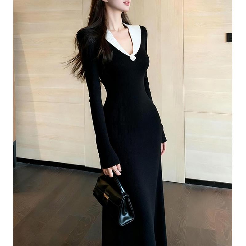 Korean Black Color Block Knit Dress: Hepburn Style, Waist-Cinched for Elegant Winter Occasions M чёрный