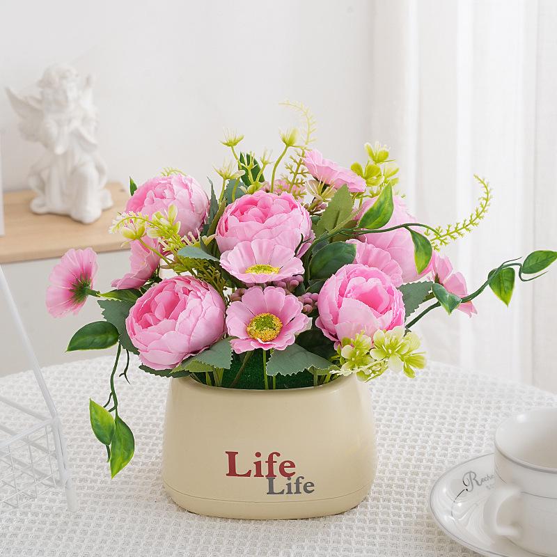 Living Room Decor: Artificial Sunflower and Green Plant Arrangements, Small Potted Plants, and Plastic Bouquets