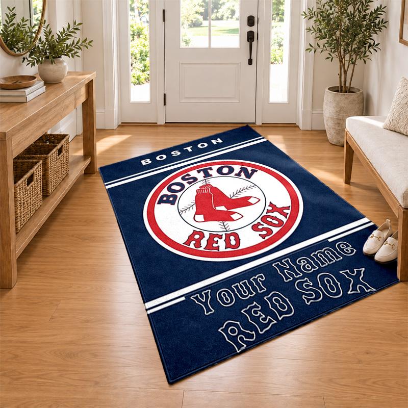 Boston Red Sox Custom Name Personalized Rug Non‑Slip Doormat Floor Carpet Housewarming Birthday Gift for Family Friends