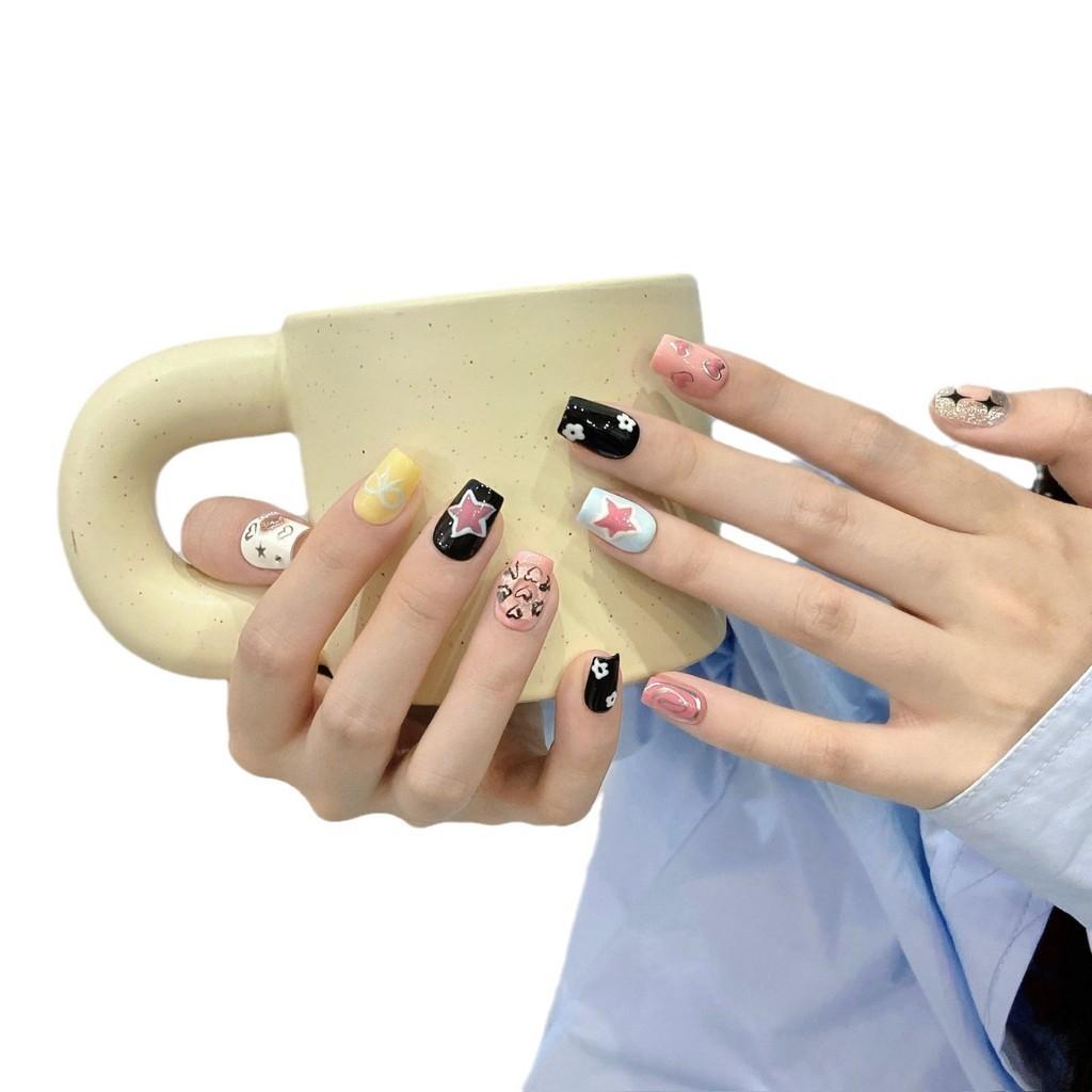HANDMADE Artificial Nail Hand-painted Rhinestone Stars Summer Sweet Girl Phototherapy Nails Fake Nails Reusable and Removable Nails