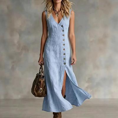 2026 New Spring and Summer Fashion Cotton and Linen Sleeveless V-neck Button Placket Dress Women's Clothing