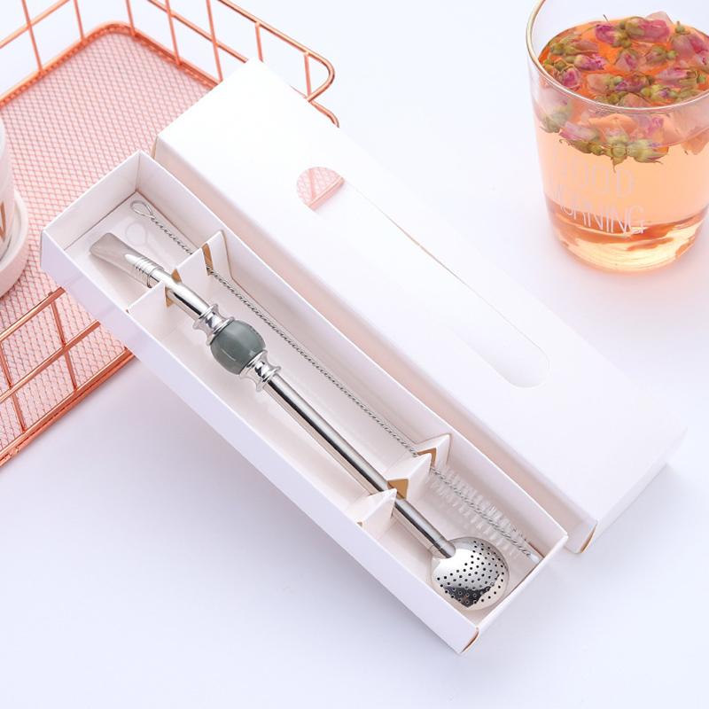 Oboustranná filtrační lžíce z nerezové oceli, brčko Bombilla s kartáčkem, dlouhá rukojeť, míchací lžíce, kuchyňské náčiní