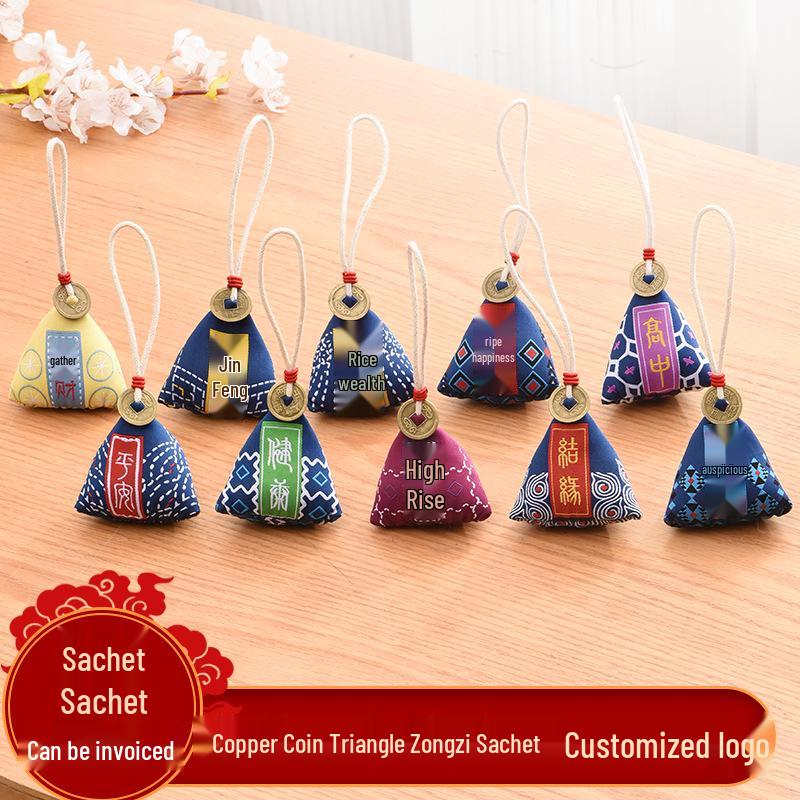 Ancient Style Dragon Boat Festival Mugwort Sachet with Copper Coin Embroidery - Mosquito Repellent Triangle Zongzi Pouch.