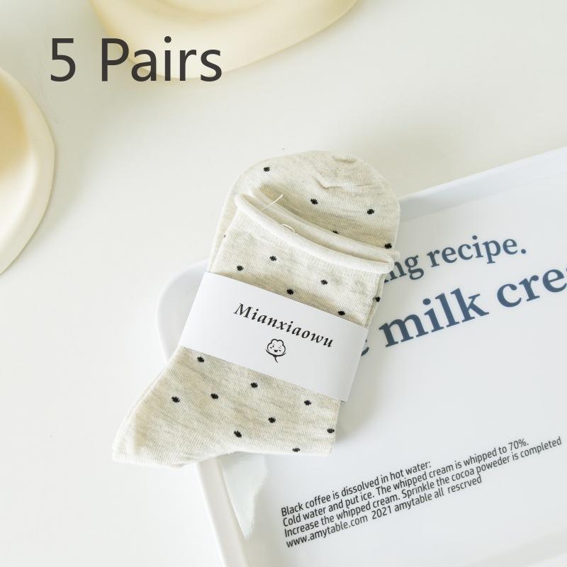 5 Pairs of Female Summer Thin Student Curled Brim Polka Dot Mid Tube Pile Socks