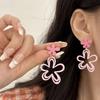 Sweet Pink Flower Women's Earrings Double-layers Hollow Floral Pendants Hanging Earrings for Female Korean New Fashion Jewelry