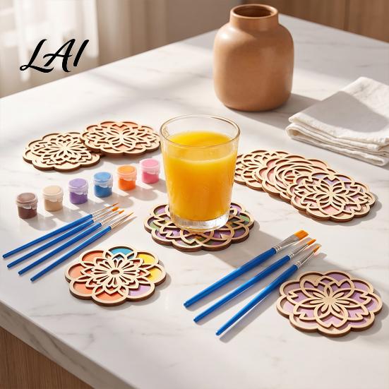 Creative Hobby Sets for Beginners 4 Pcs DIY Wooden Coasters Painting Kit Paint You Own Coaster Craft Kit with Customizable 6 Color Paints And