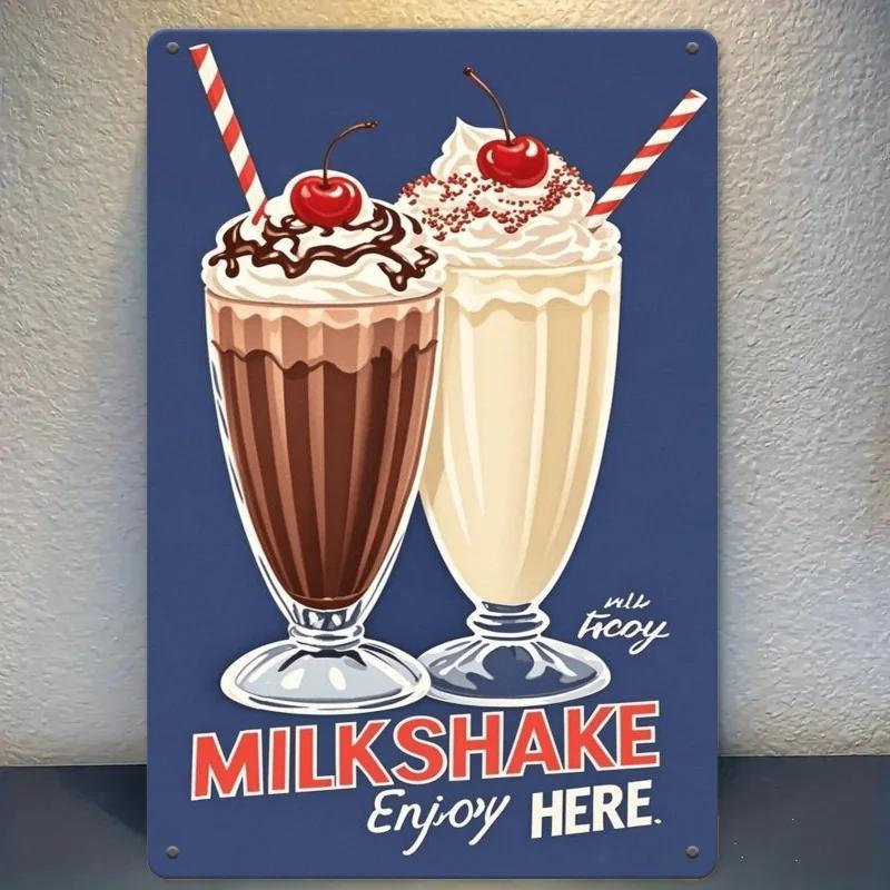 1pc 12x8 Inch Iron Plate Decorative Painting - "Enjoy Milkshake Here" Classic Dessert Theme, Ideal Gift for Restaurants, Cafe