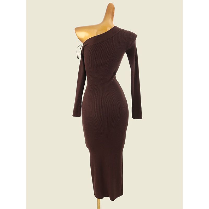 Spanish S Home Stylish Niche Style off-Neck Dress Export Front Slit Slim-Fitting Knitting Wrapped Skirt