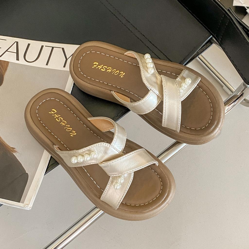 Crossed platform slippers female 2025 summer new with skirt fairy wind beaded casual beach cool slippers