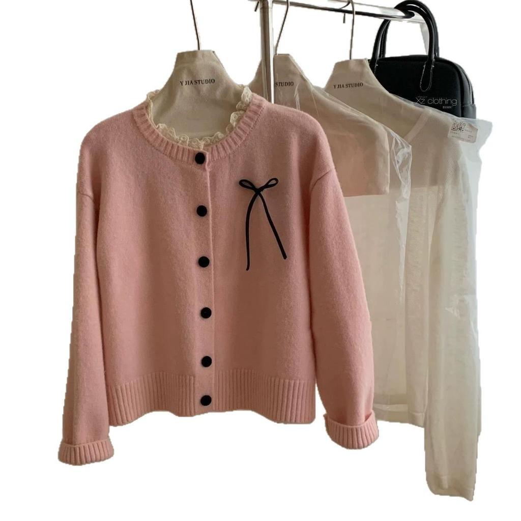 Korean Lace Round Neck Knit Cardigan with Bow - Women's Early Autumn Top