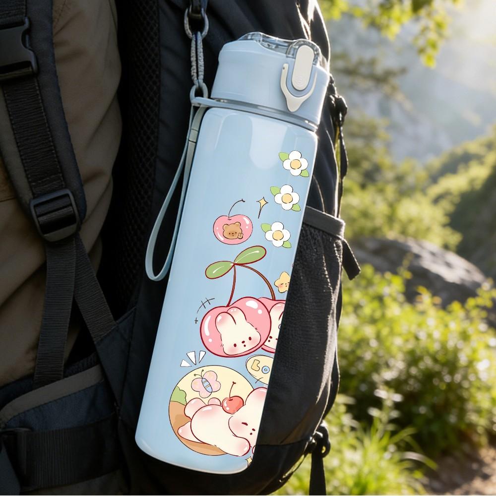 1PC Soft Pink Floral Girl Print 750ml Color Plastic Sports Water Bottle Leakproof Flip Straw Lid Suitable for Sports Office Home Use