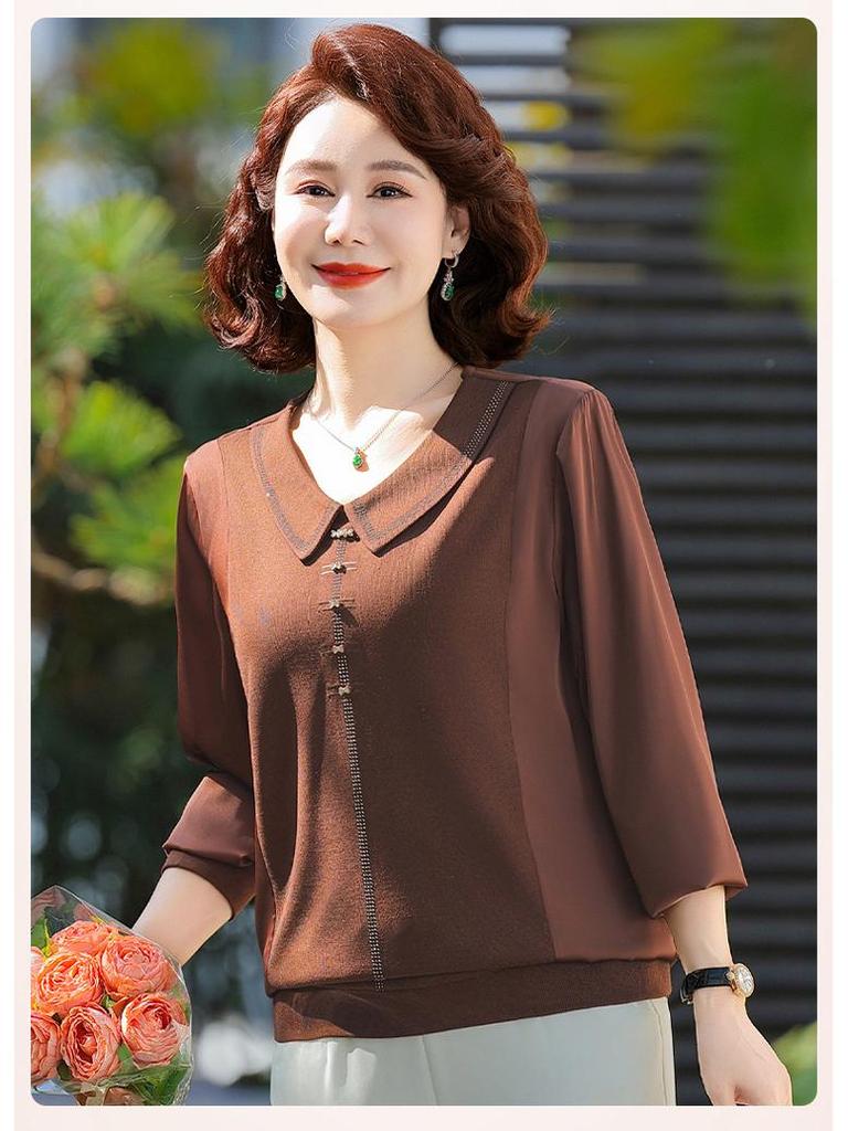 Elegant Silk-Like Long-Sleeve Tops for Middle-Aged Women
