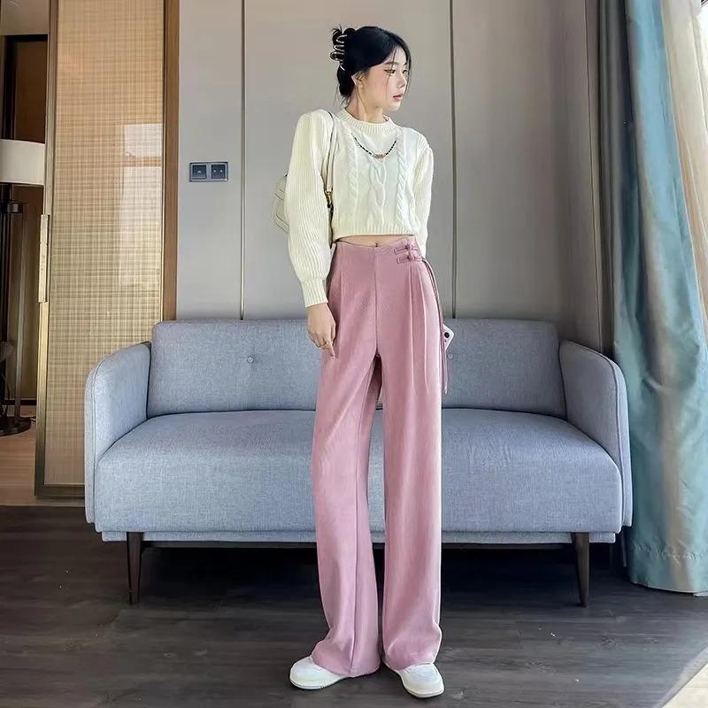 Autumn and Winter New Chinese Style Buckle Plus Velvet Chenille Wide Leg Pants for Women High Waist Drape Straight Casual Pants
