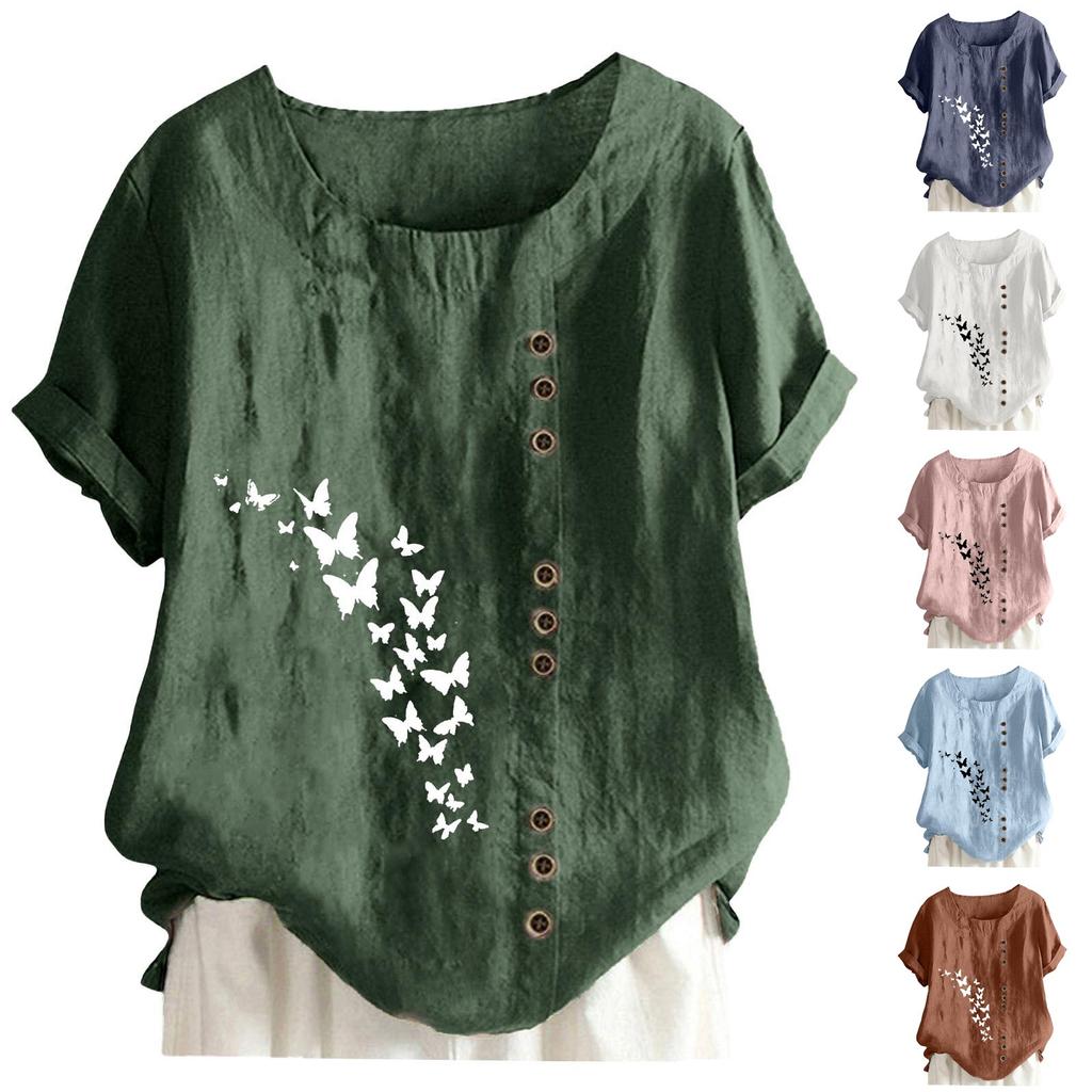 Women's Fashion Casual Round Neck Short Sleeve Cotton And Linen Printed T-shirt Top