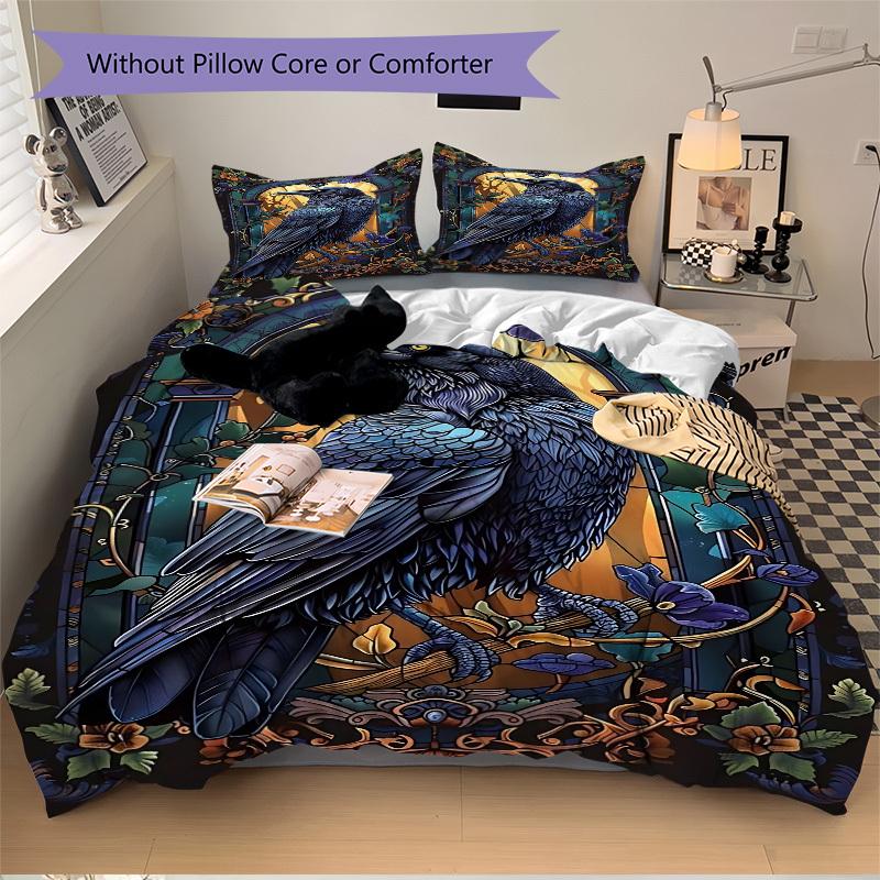 3pcs Stained Glass Raven Duvet Cover Set, 1 Duvet Cover + 2 Pillowcases (No Insert), High-Definition Print, Home & Dorm yy251123005