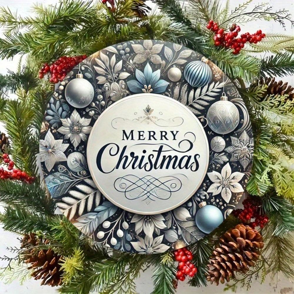 Blue Vintage Iron Merry Christmas Wreath Wall Art Plaque 8x8 Inch Home Cafe Decor