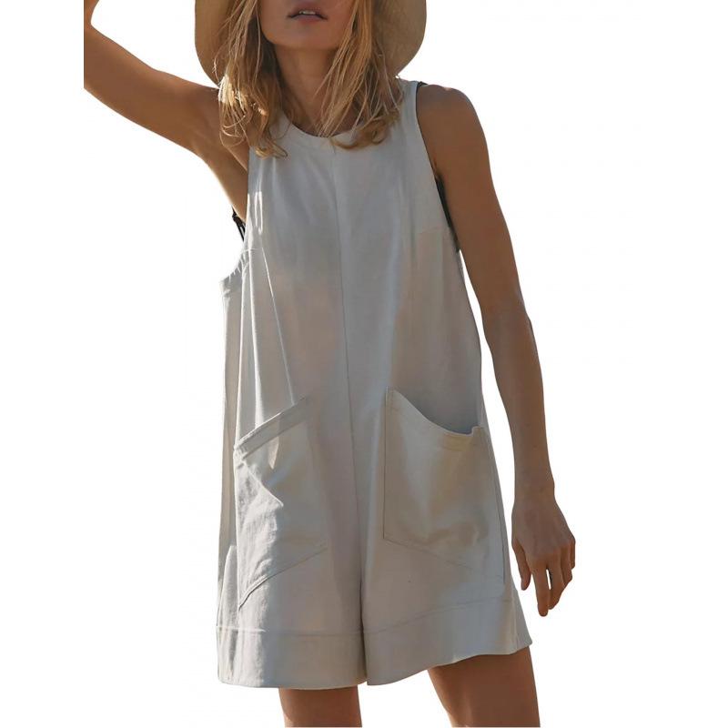 2026 Frühling/Sommer Europäischer & Amerikanischer Damen Lockerer Ärmelloser Jumpsuit mit Taschen und Shorts L weiß