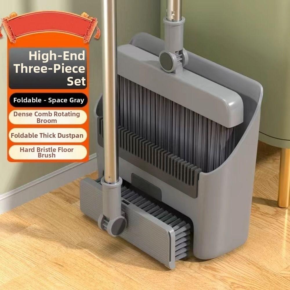 Multi-Surface Cleaning Folding Broom Set 3-in-1 Floor Brush Dustpan Combination  Floor Brush