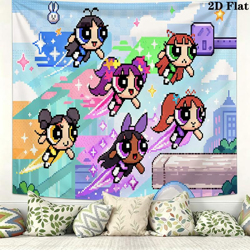 Cartoon Powerpuff Wall Tapestry Aesthetic Wall Hanging Printed Fabric Blanket Decorative Tapestries for Bedroom Living Room Home Decor