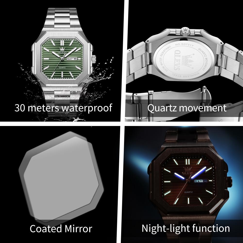 OLEVS 3731 Quartz Wristwatch for Men Stainless Steel Square Dial Fashion Simple Dual Calendar Luminous Waterproof Men's Watches