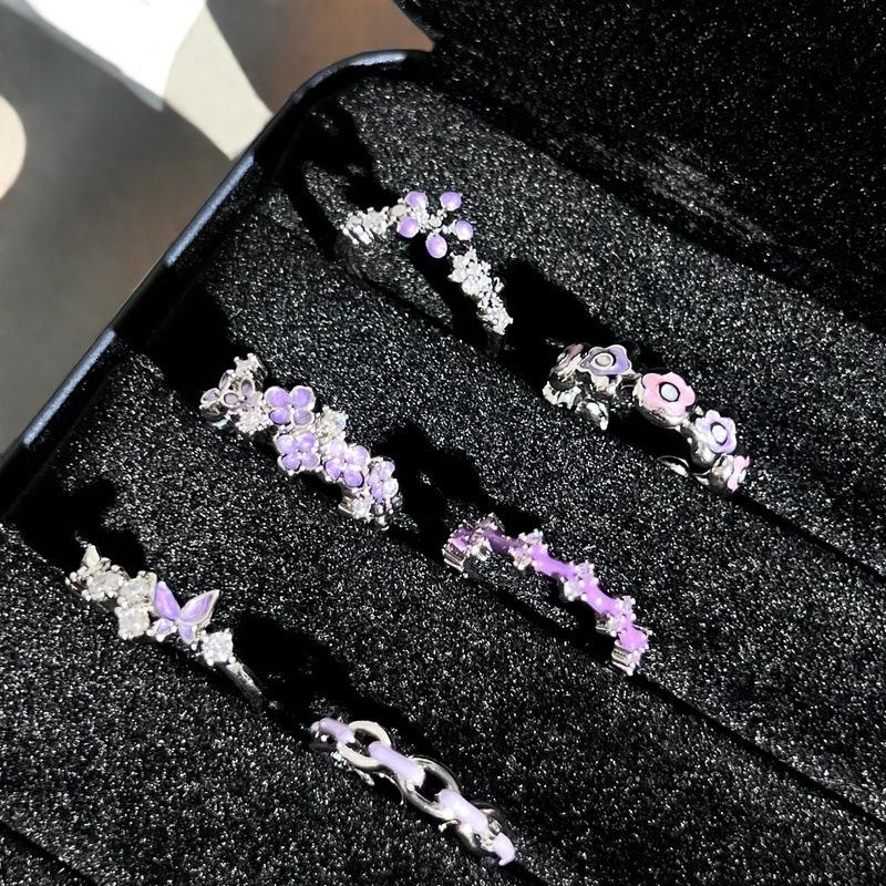 Purple Romantic Butterfly Flower Enamel Dripping Open Ring Niche Unique Sense Light Luxury High Sense Ring