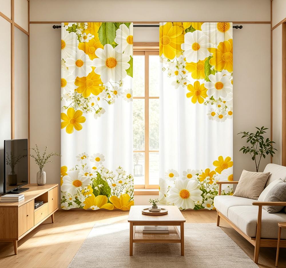 2PCS Digital Printed Curtains, Summer Daisy Floral White Yellow Flowers, Window Curtains for Living Room Bedroom Home Decoration