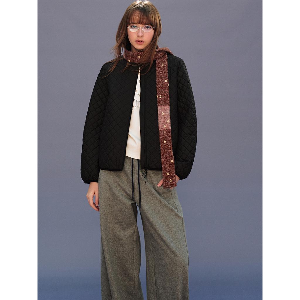 Winter new casual versatile solid color three-proof classic small grid stand-up neck cotton jacket female H