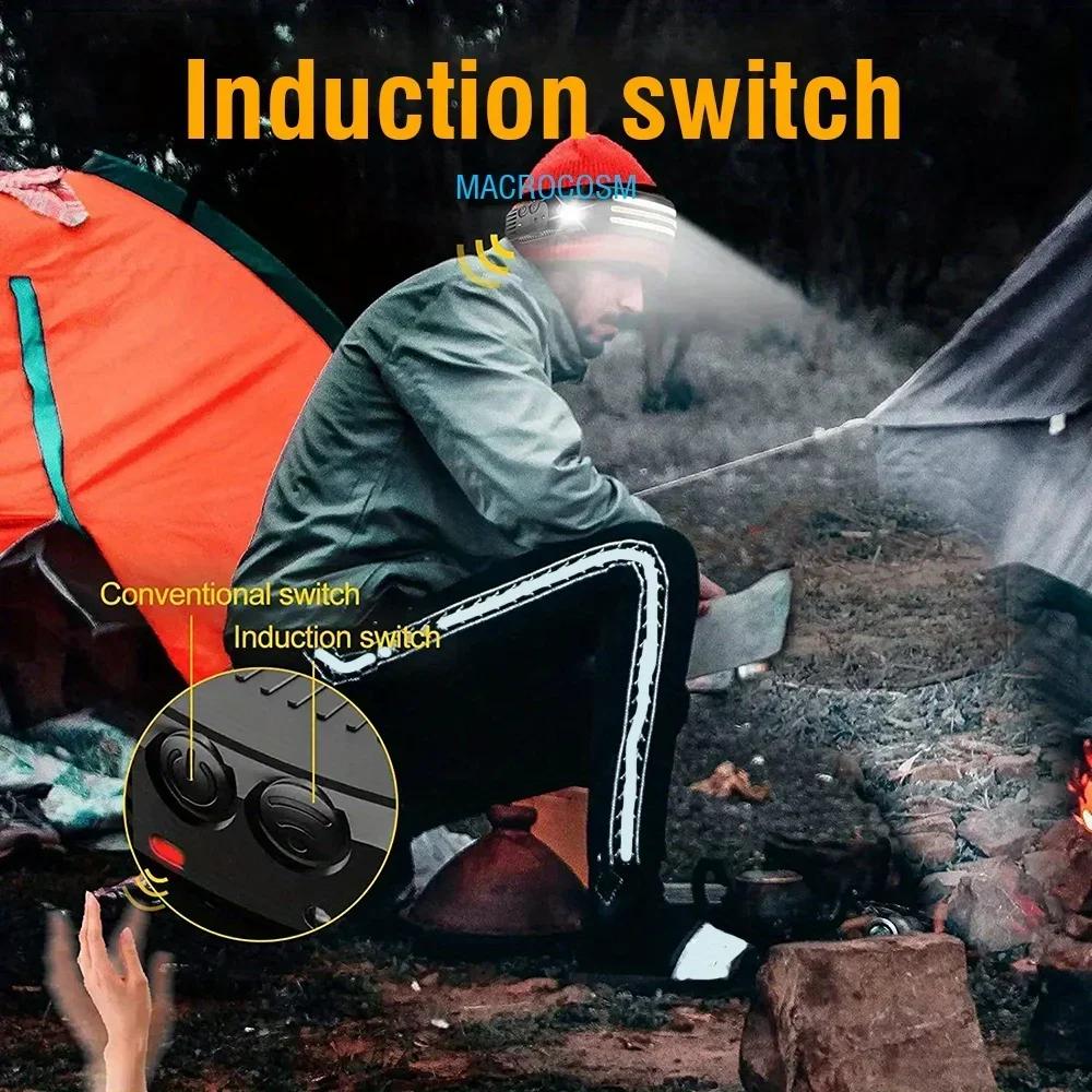 COB LED Lâmpada Cabeça De Indução, Bateria Embutida, USB Recarregável, Lanterna, Ao Ar Livre, Acampamento, Pesca, Farol Sensor