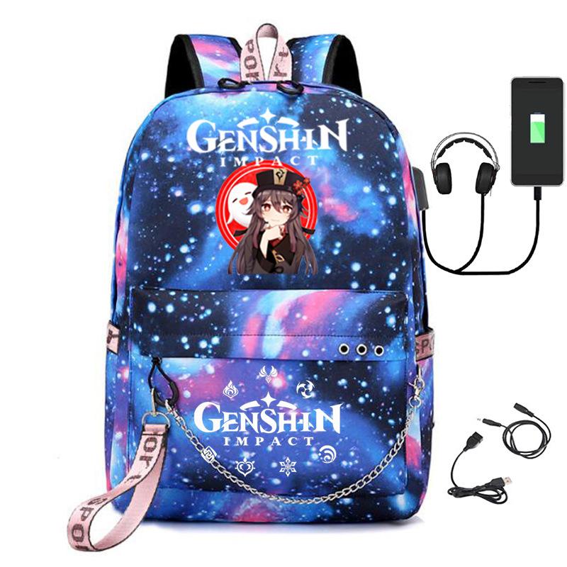 Harajuku Jugendliche Schultaschen Unisex Genshin Impact Reisetaschen USB-aufladbar Oxford Wasserdicht Notizbuch Schulterrucksäcke