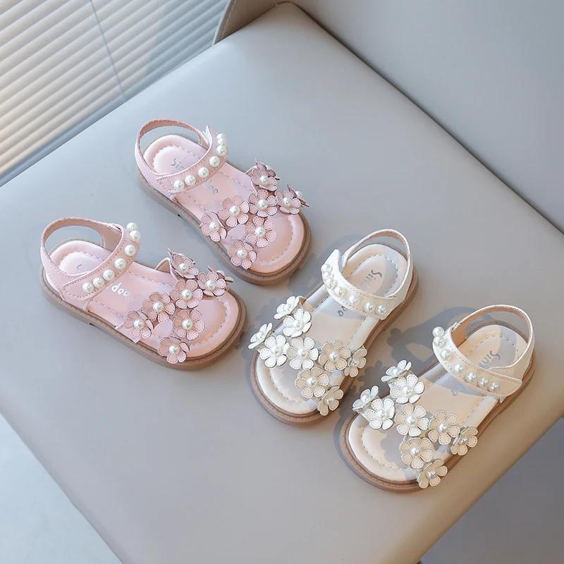 Little Girls Summer Shoes with Beads Princess Sweet Kids Floral Sandals Open Toes Anti-skid Size 21-30 Hook & Loop Bohemian Cute