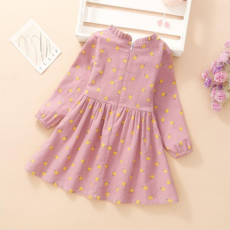Girls' Floral Princess Dress with Ruffle Collar - Long Sleeve Cotton for Spring/Autumn