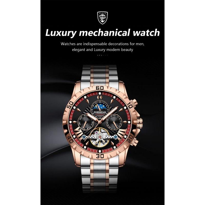 POEDAGAR Luxury Men Watch Luminous Waterproof Hollow Tourbillon Male Clock Week Date Business Automatic Mechanical Watches