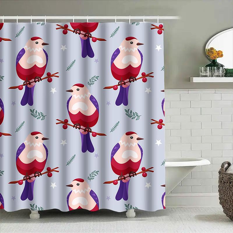 

Christmas-Themed Shower Curtain Featuring Colorful Birds With Red Berries, Suitable For Bathroom Decor During Festive Seasons 3D W60H190(CM)-1 Pcs