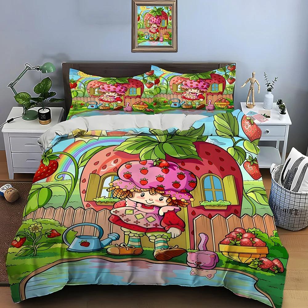 3D Anime Cuete Duvet Cover and Pillowcase, E-Emily Erdbeer Friends Bedding Set, Cute Bedroom Decoration 135x200, Gift for Girls