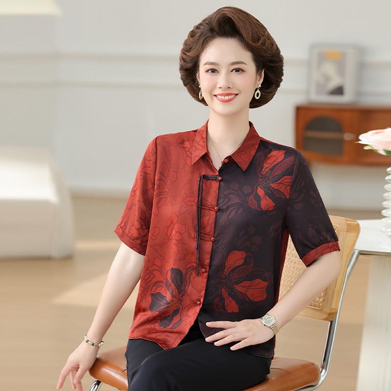 

Silk Short-Sleeve Summer Top for Middle-Aged and Elderly Women - Loose, Slimming Mulberry Silk Shirt L (Recommended 80-100 lbs) красный