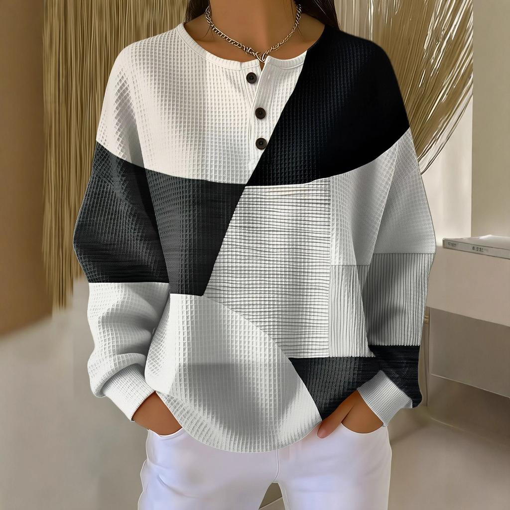Women's Crew Neck Long Sleeve Waffle Knit Henley Top Loose Fit Casual Sweatshirt
