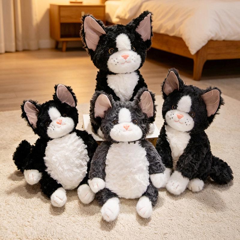 Adorable Striped Cat Plush Desk Companion - Black & White Figurine Soothing Doll for Children’s Birthday Gift