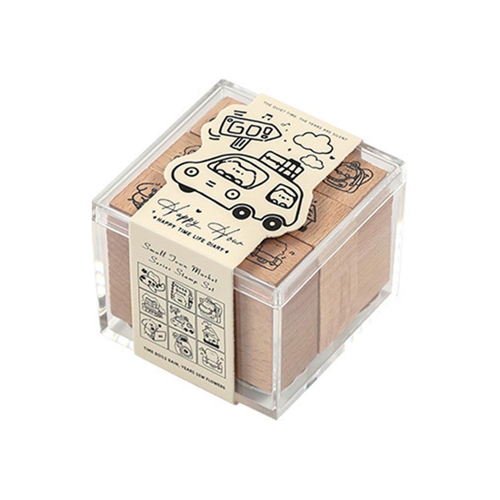 9pcs Vintage Wooden Rubber Stamps Clear Cartoon Patterns Beech Material for Paper Crafting Letters Diary Greeting Cards